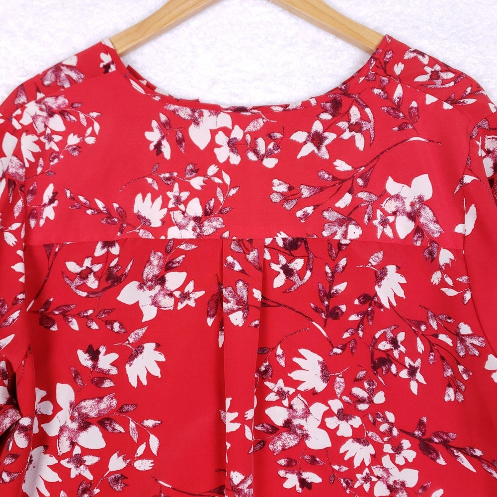 Ava & Viv Red Floral Split Neck Blouse 1X Long Sleeve Plus Size Lightweight - Picture 8 of 10